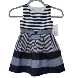 Bonnie Jean Girl's Navy Blue and White Stripped Color Block Sleeveless Dress, 3T
